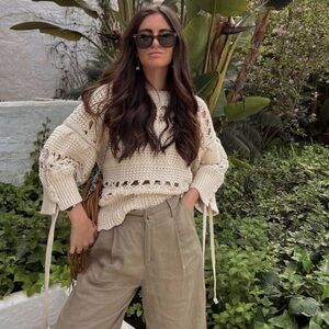 Zara Ecru Open Knit Sweater with Lace up Detailing